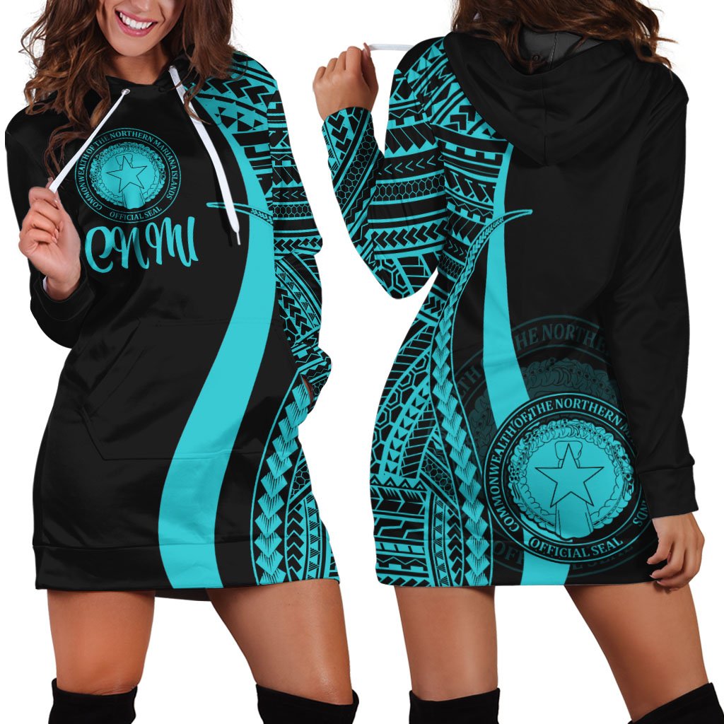 Northern Mariana Islands Women's Hoodie Dress - Turquoise Polynesian Tentacle Tribal Pattern Turquoise - Polynesian Pride