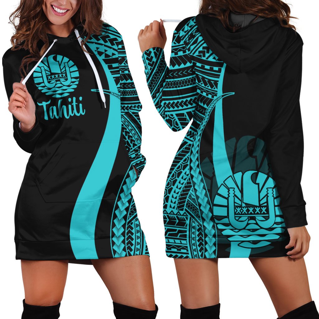 Tahiti Women's Hoodie Dress - Turquoise Polynesian Tentacle Tribal Pattern Turquoise - Polynesian Pride