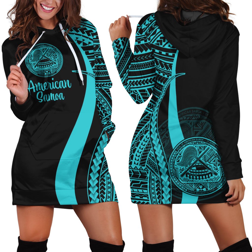 American Samoa Women's Hoodie Dress - Turquoise Polynesian Tentacle Tribal Pattern Turquoise - Polynesian Pride