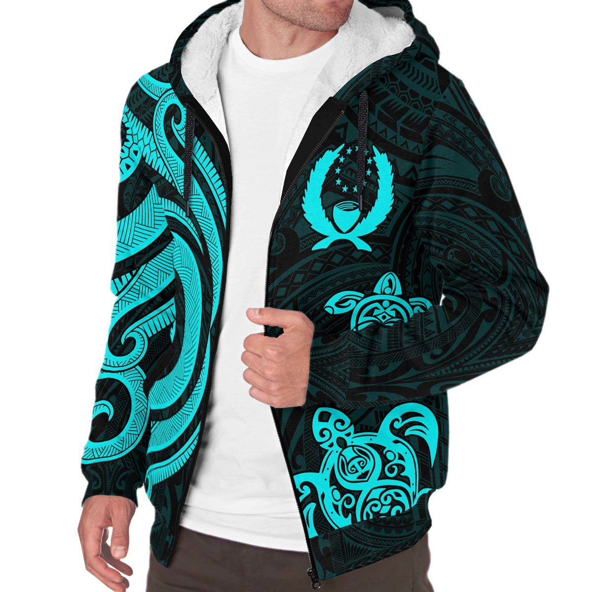 Pohnpei Sherpa Hoodie - Turquoise Tentacle Turtle - Polynesian Pride