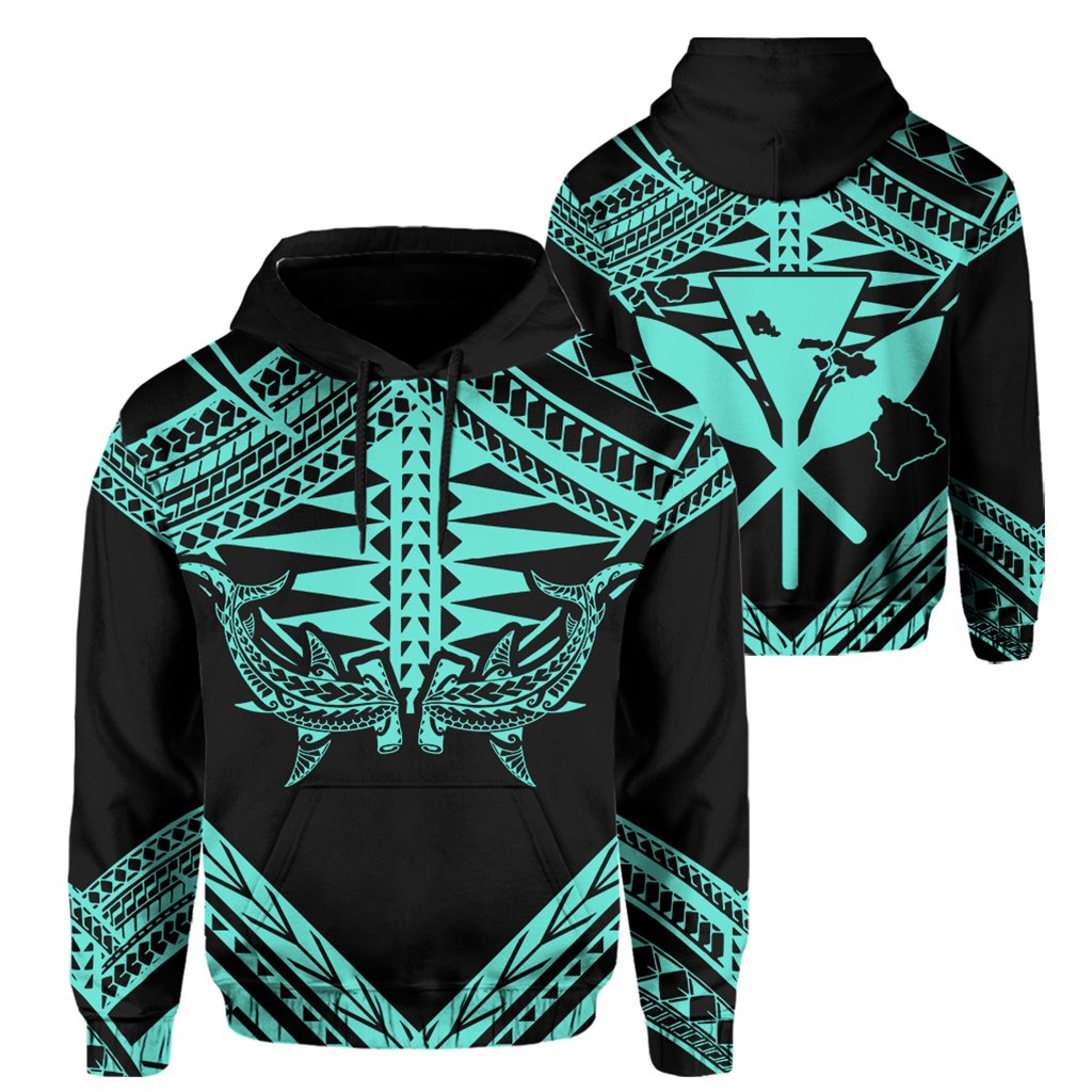 Hawaii Shark Polynesian Kanaka Turquoise Hoodie Candy Style Unisex Black - Polynesian Pride