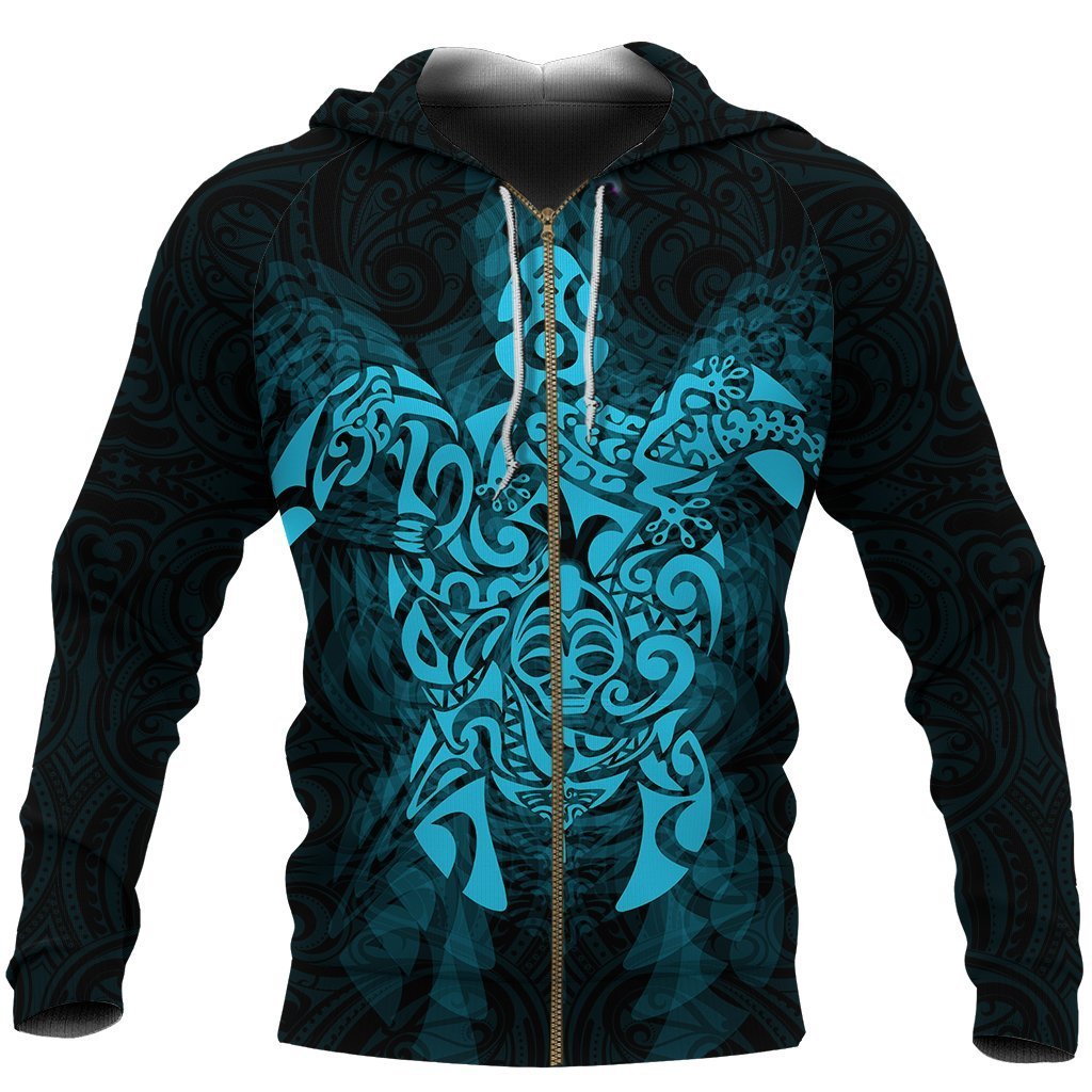 New Zealand Maori Zip up Hoodie, Wairua Tattoo Turtle Zipper Hoodie Blue Unisex Black - Polynesian Pride