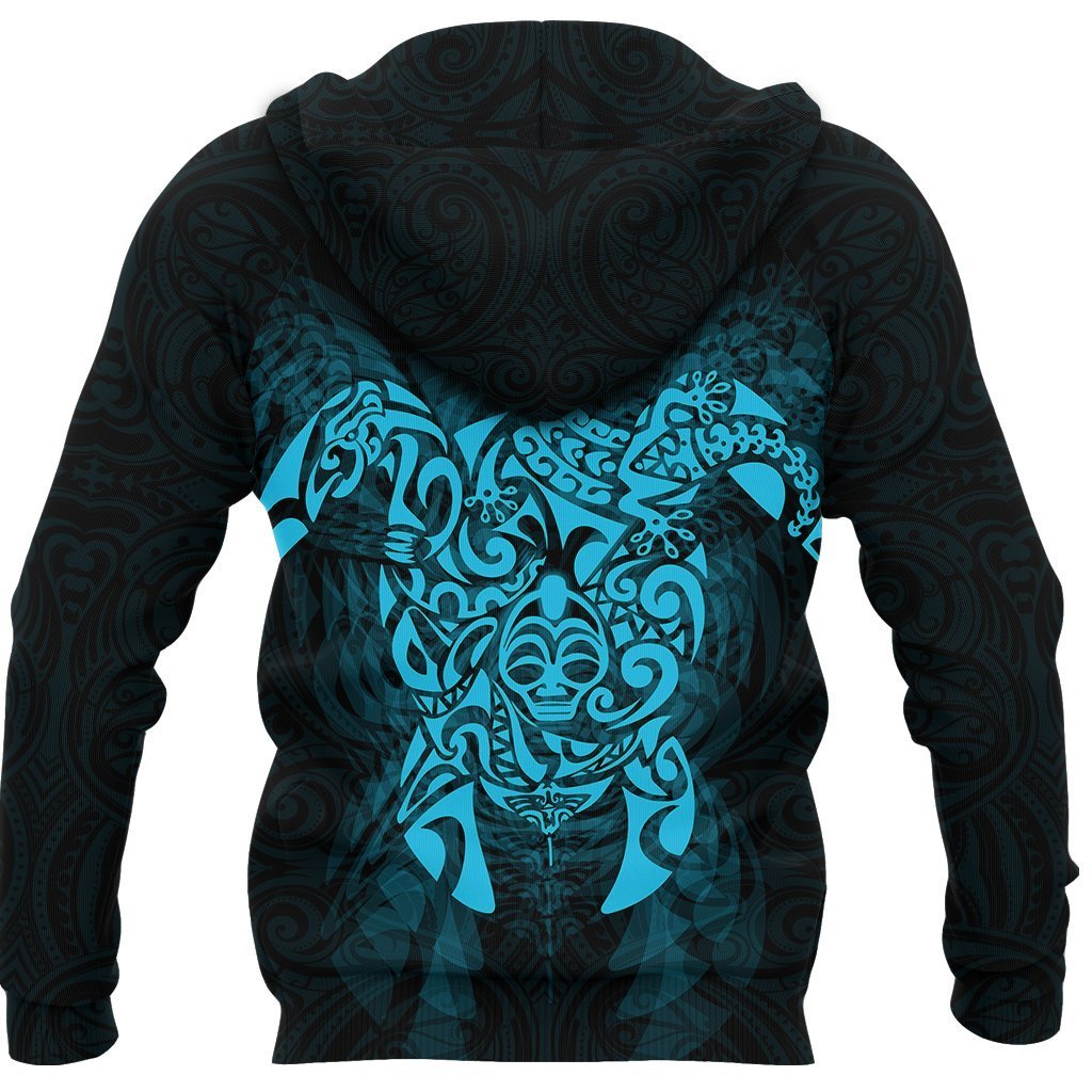 New Zealand Maori Zip up Hoodie, Wairua Tattoo Turtle Zipper Hoodie Blue - Polynesian Pride