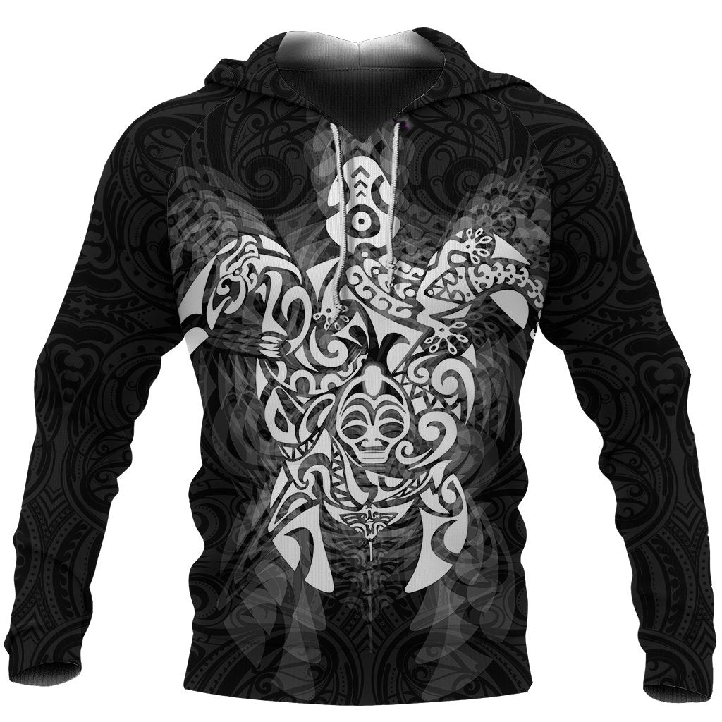 New Zealand Maori Hoodie, Wairua Tattoo Turtle Pullover Hoodie White Unisex Black - Polynesian Pride