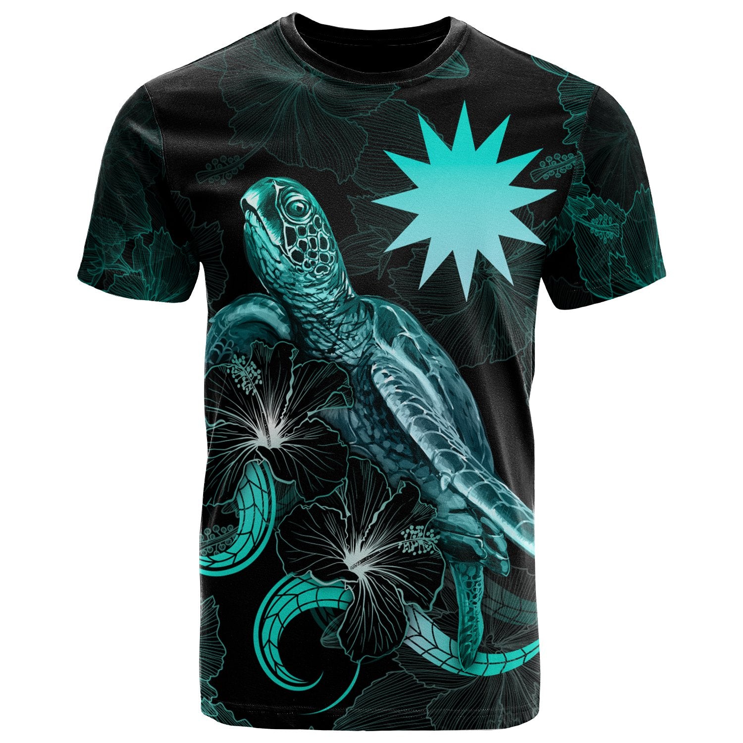 Nauru Polynesian T Shirt Turtle With Blooming Hibiscus Turquoise Unisex Art - Polynesian Pride