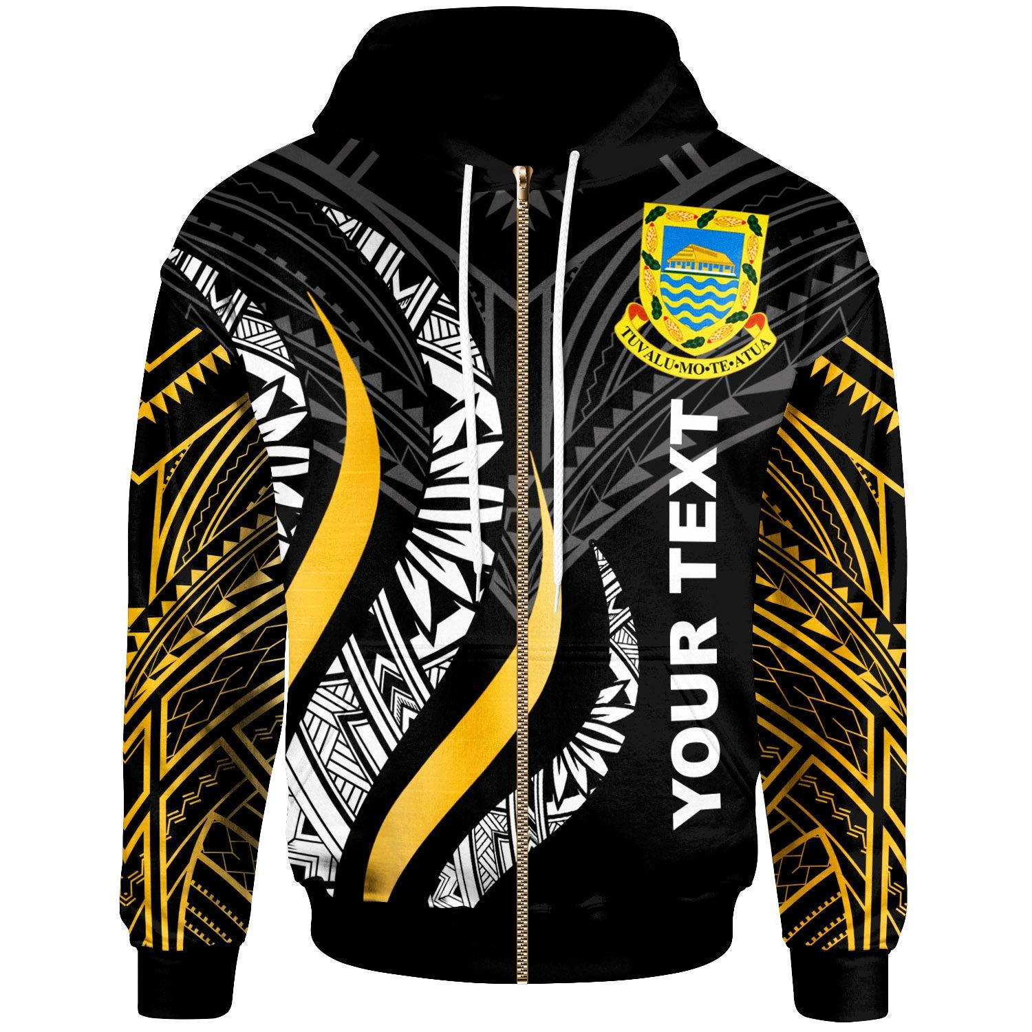 Tuvalu Custom Zip Hoodie Tuvalu Strong Fire Pattern Gold Unisex Gold - Polynesian Pride