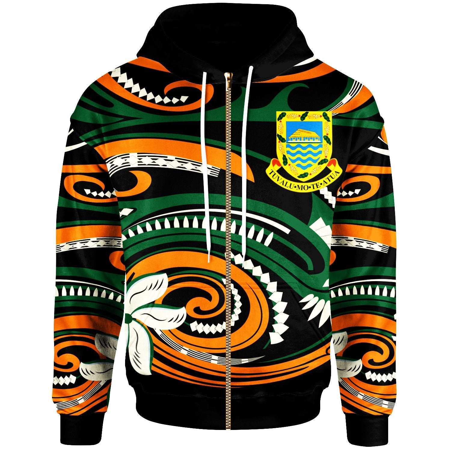 Tuvalu Zip Hoodie vortex Style Unisex Green Orange - Polynesian Pride