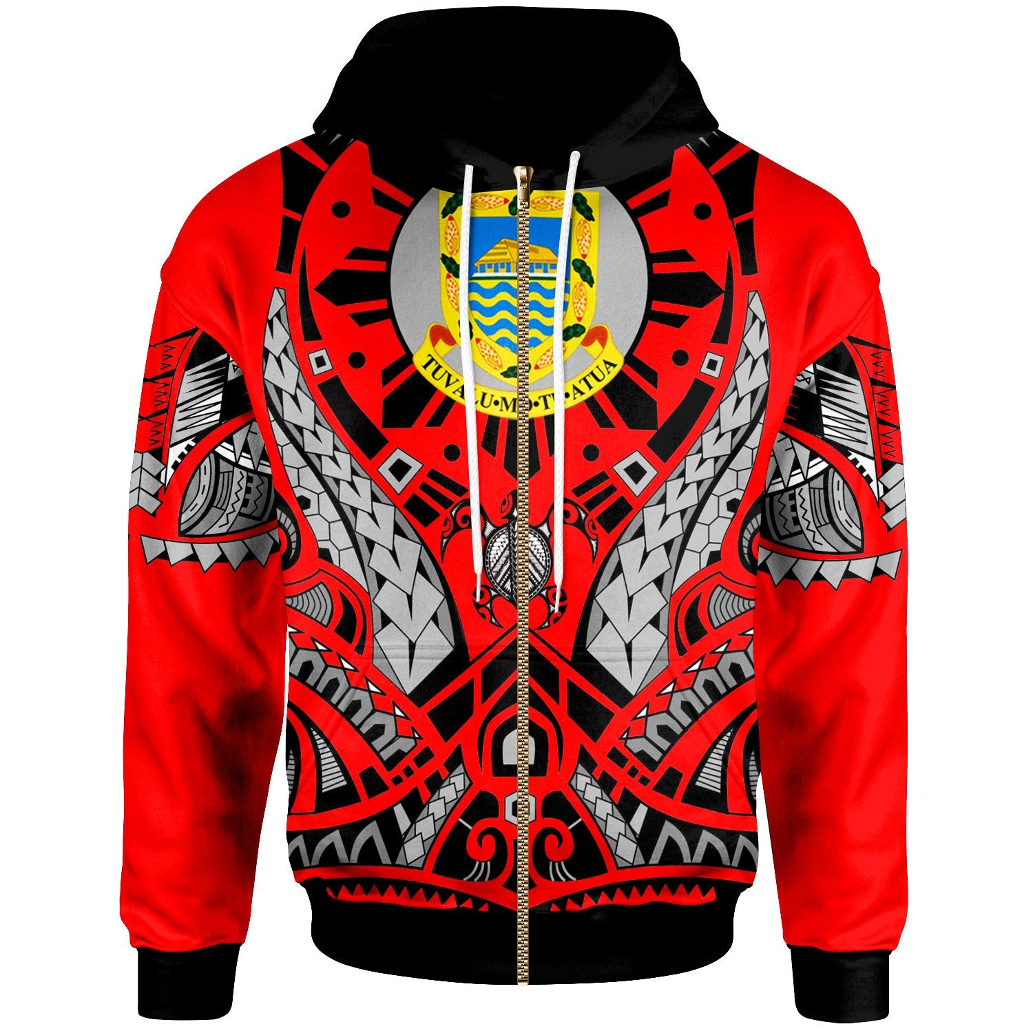 Tuvalu Zip Hoodie Tribal Sun Tattoo Red Color Unisex Red - Polynesian Pride