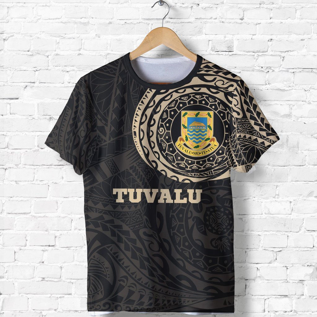 Tuvalu T Shirt Tuvaluan Coat of Arms Polynesian Tattoo Style Unisex Black-Gold - Polynesian Pride