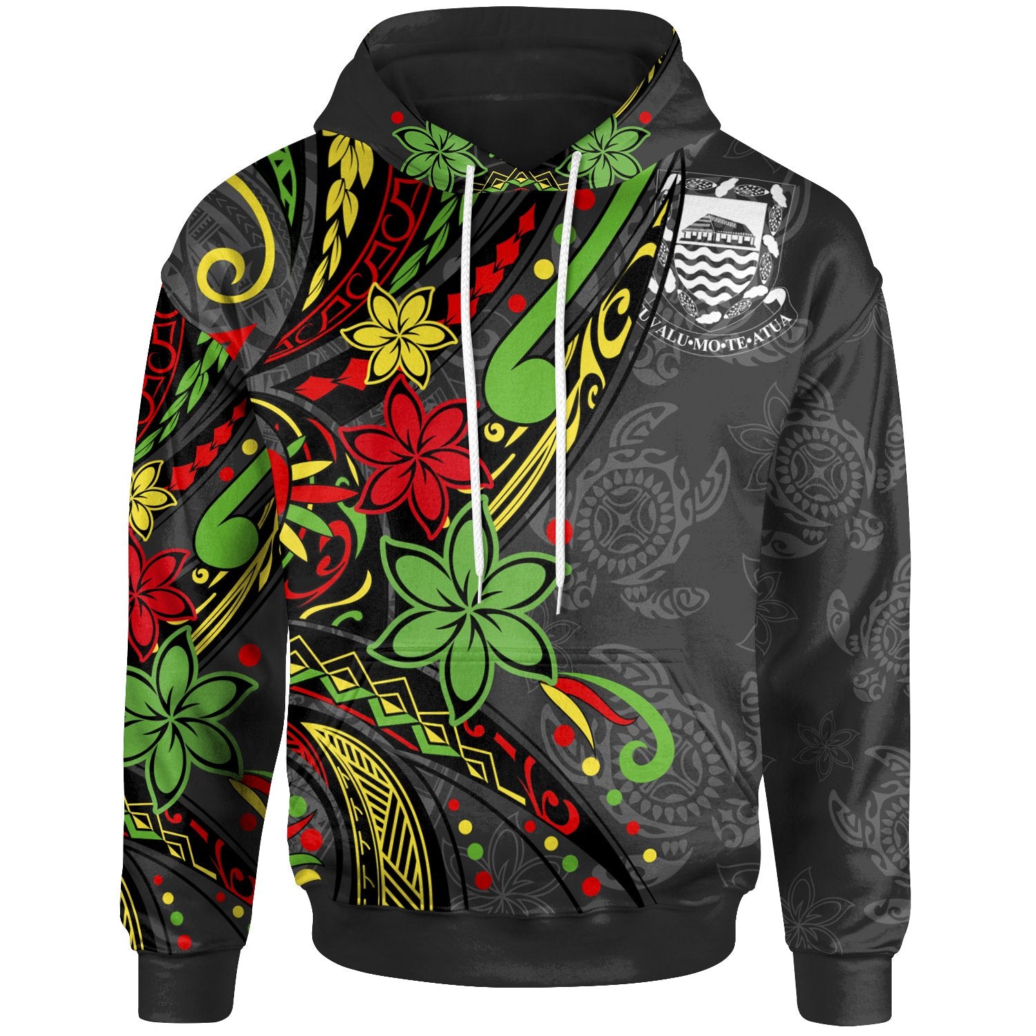 Tuvalu Hoodie Tribal Flower With Special Turtles Unisex Black - Polynesian Pride