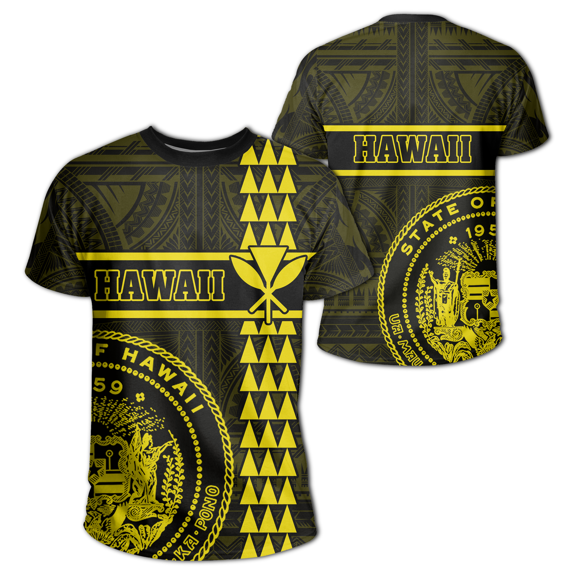 Hawaii Coat of Arms Kanaka Polynesian T Shirt Yellow Unisex Yellow - Polynesian Pride