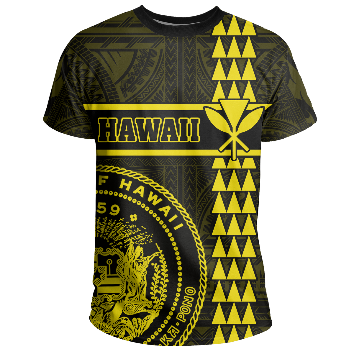 Hawaii Coat of Arms Kanaka Polynesian T Shirt Yellow - Polynesian Pride