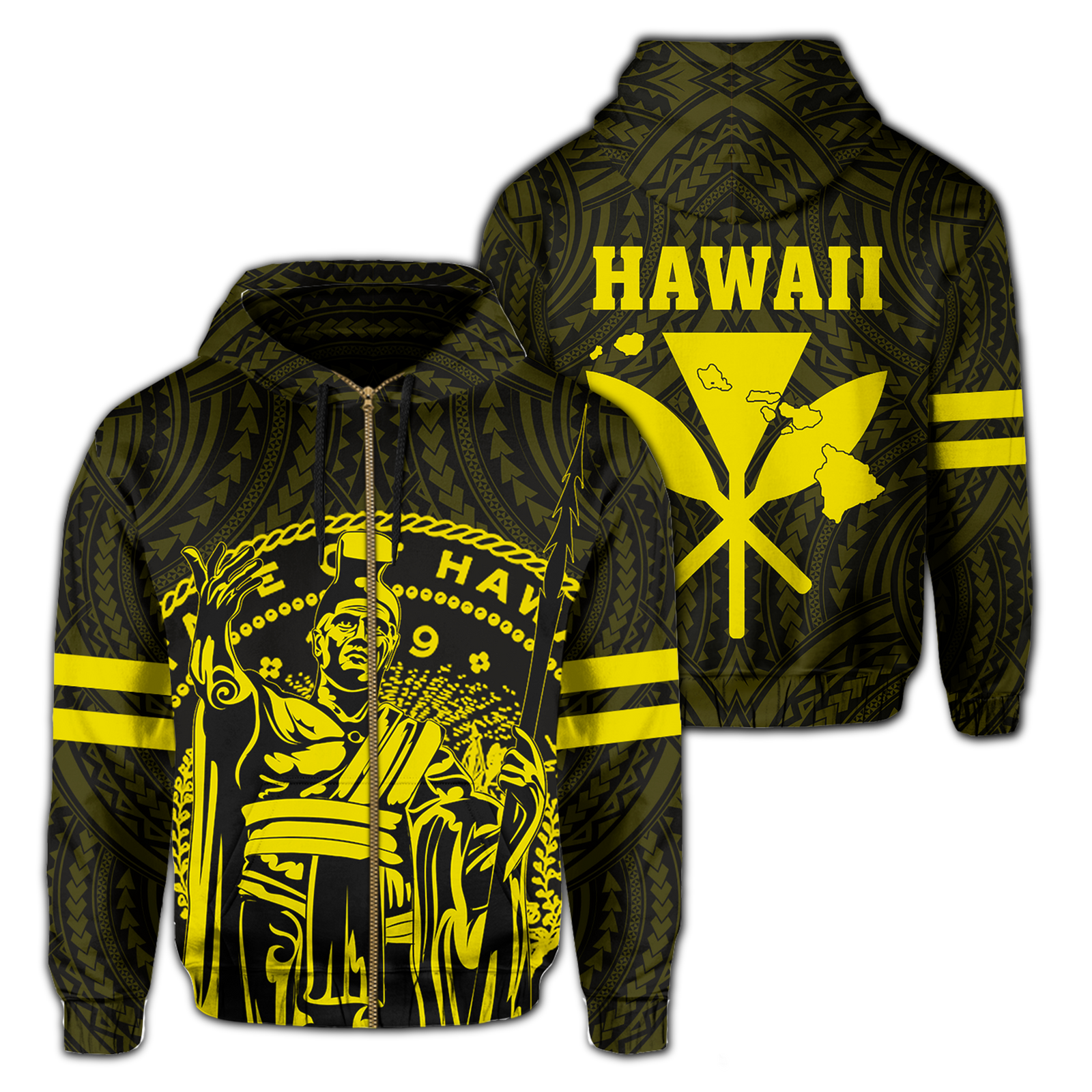Polynesian King Kanaka Map Seal of Hawaii Zip Hoodie Yellow Unisex Yellow - Polynesian Pride