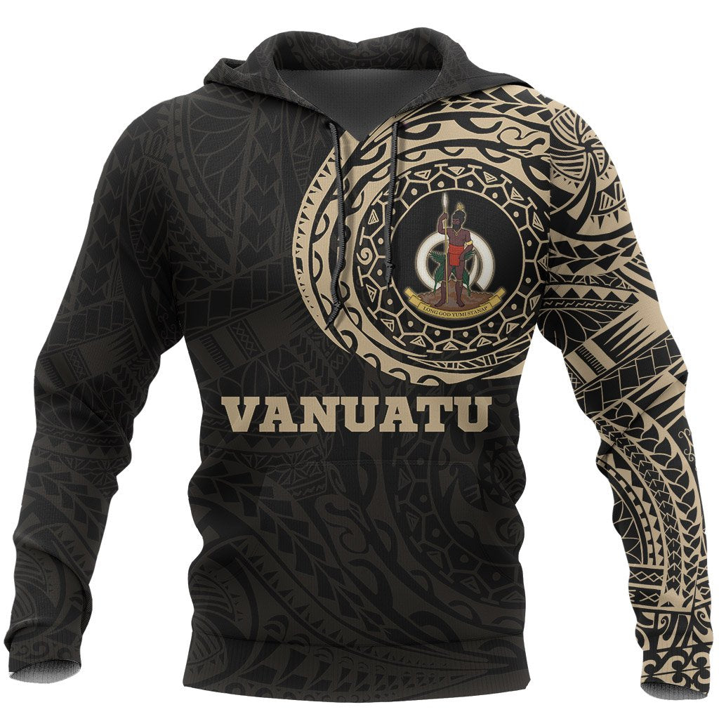 Vanuatu Hoodie Vanuatu Coat of Arms Polynesian Tattoo Style Unisex Black & GOLD - Polynesian Pride