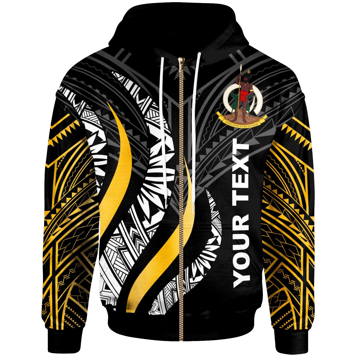 Vanuatu Custom Zip Hoodie Vanuatu Strong Fire Pattern Gold Unisex Gold - Polynesian Pride