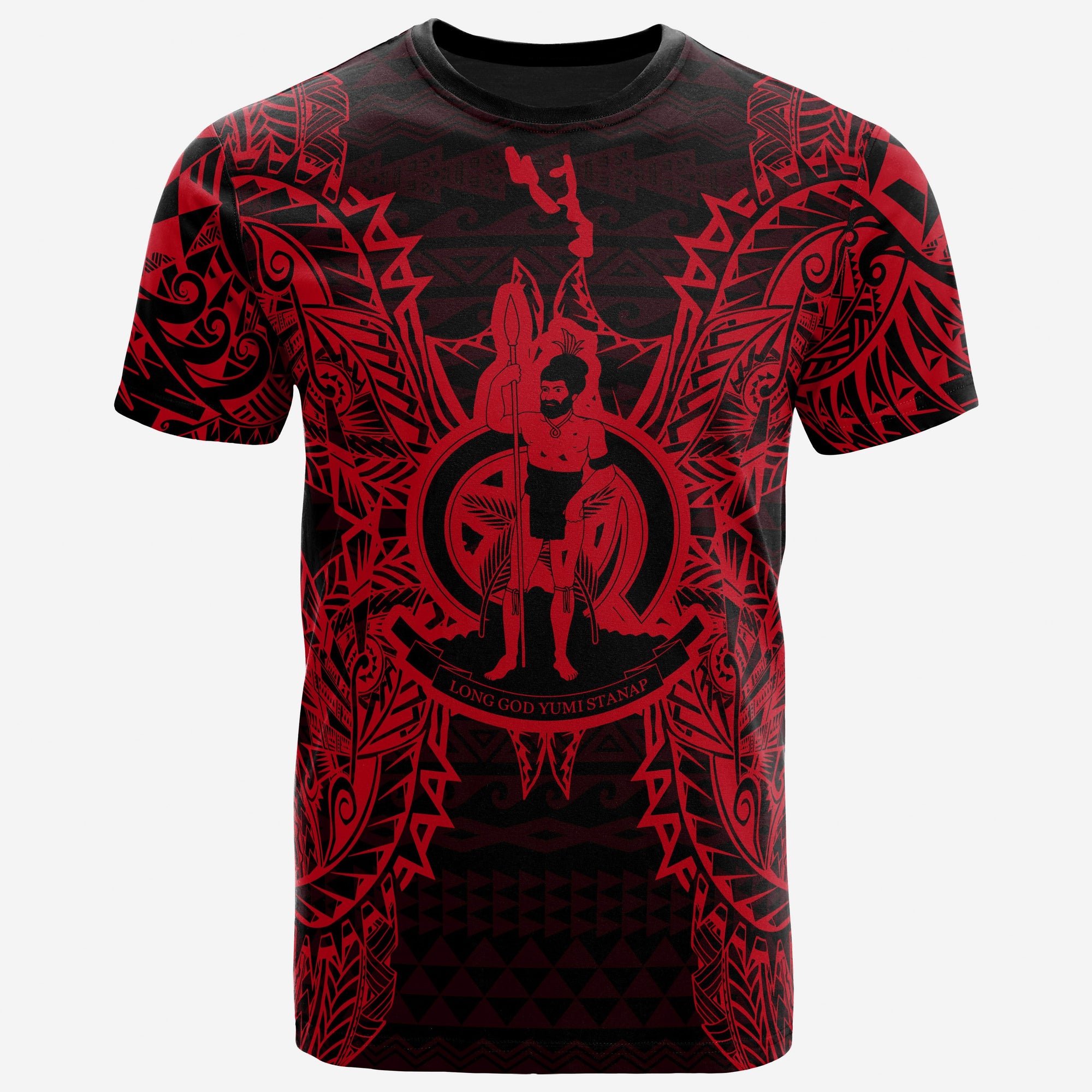 Vanuatu T Shirt Vanuatuan Coat of Arms Map Polynesian Tattoo Red Unisex Gold - Polynesian Pride