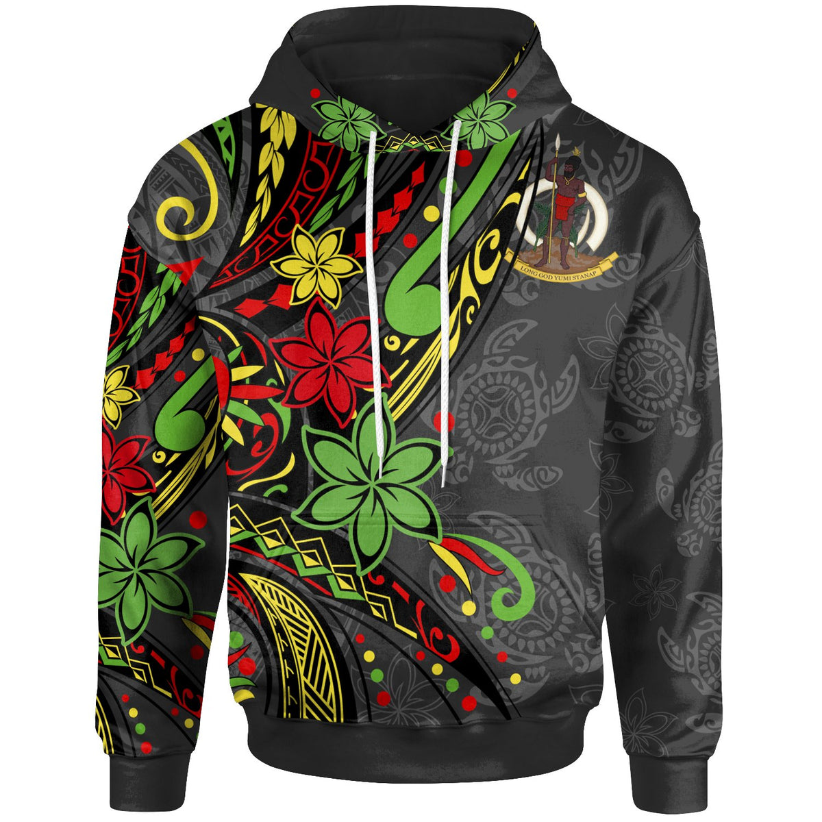 Vanuatu Hoodie Tribal Flower With Special Turtles Unisex Black - Polynesian Pride