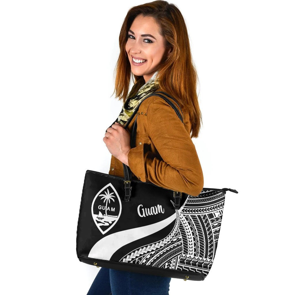 Guam Large Leather Tote Bag - White Polynesian Tentacle Tribal Pattern White - Polynesian Pride