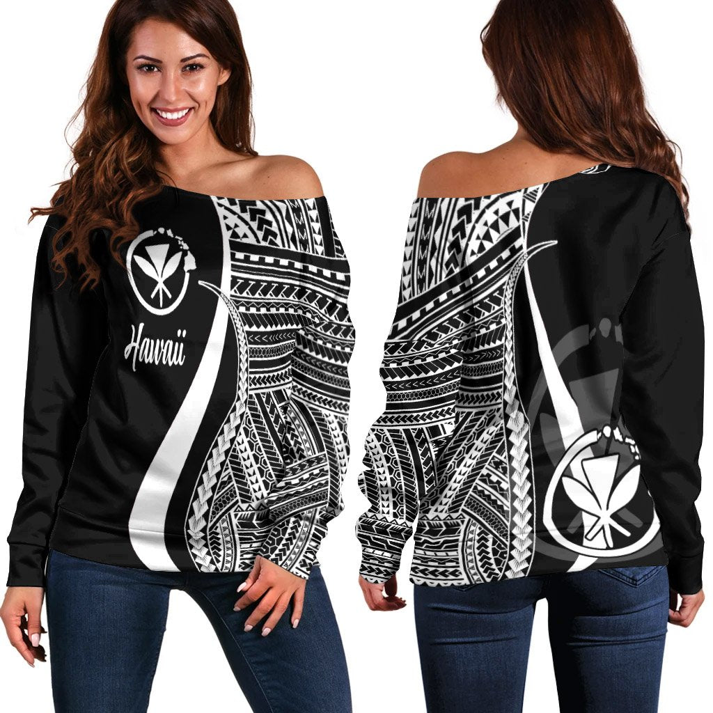 Hawaii Women's Off Shoulder Sweater - White Polynesian Tentacle Tribal Pattern White - Polynesian Pride