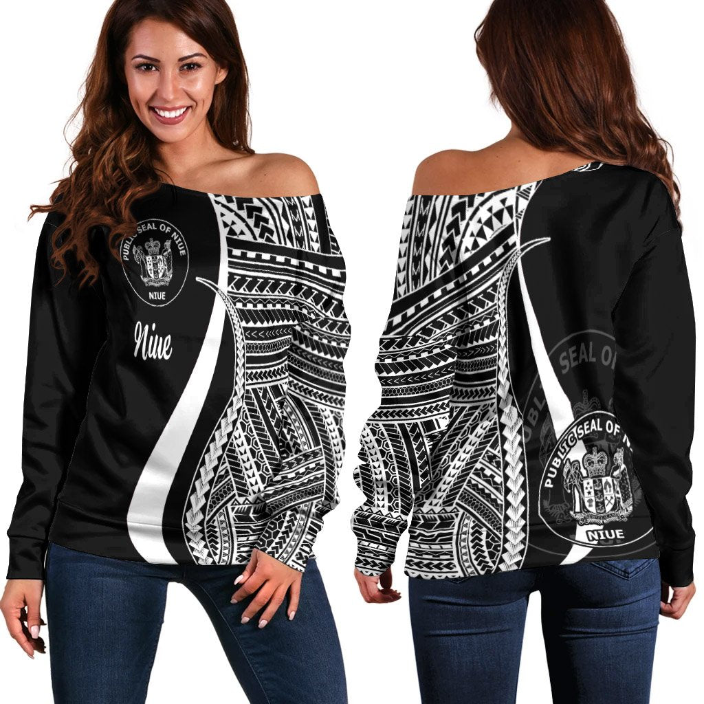 Niue Women's Off Shoulder Sweater - White Polynesian Tentacle Tribal Pattern White - Polynesian Pride