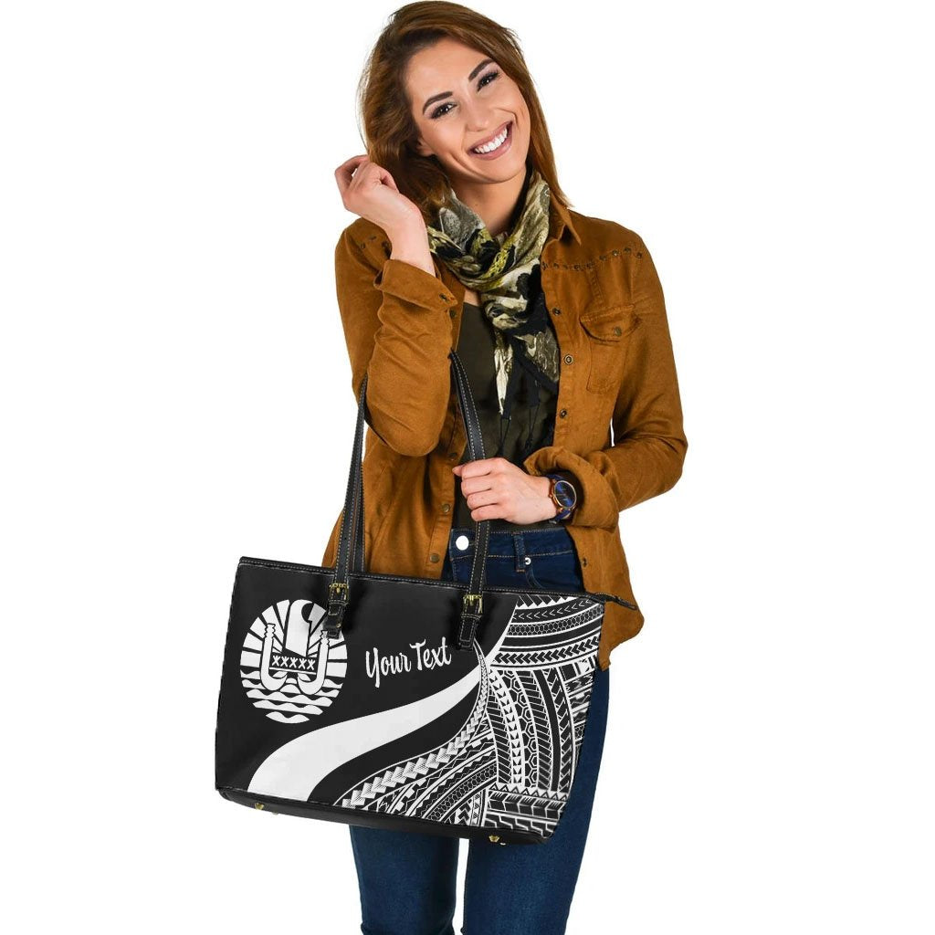 Tahiti Custom Personalised Large Leather Tote Bag - White Polynesian Tentacle Tribal Pattern - Polynesian Pride