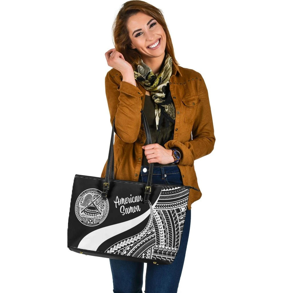 American Samoa Large Leather Tote Bag - White Polynesian Tentacle Tribal Pattern - Polynesian Pride