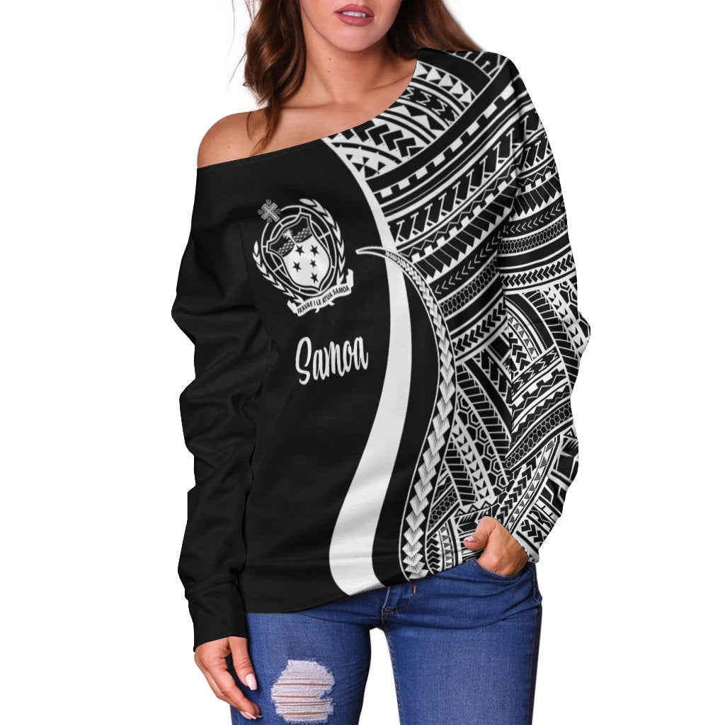Samoa Women's Off Shoulder Sweater - White Polynesian Tentacle Tribal Pattern - Polynesian Pride