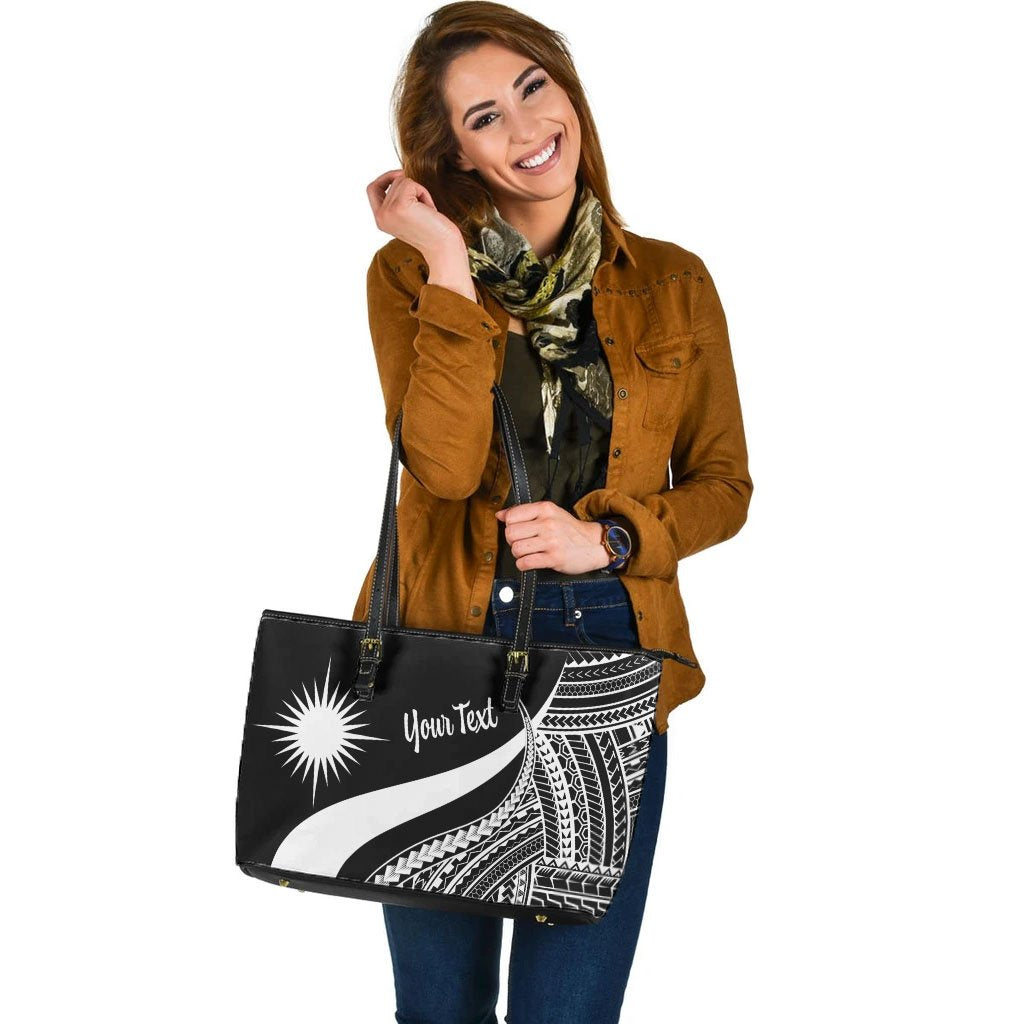 Marshall Islands Custom Personalised Large Leather Tote Bag - White Polynesian Tentacle Tribal Pattern - Polynesian Pride