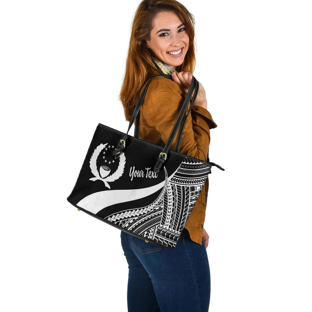 Pohnpei Custom Personalised Large Leather Tote Bag - White Polynesian Tentacle Tribal Pattern - Polynesian Pride