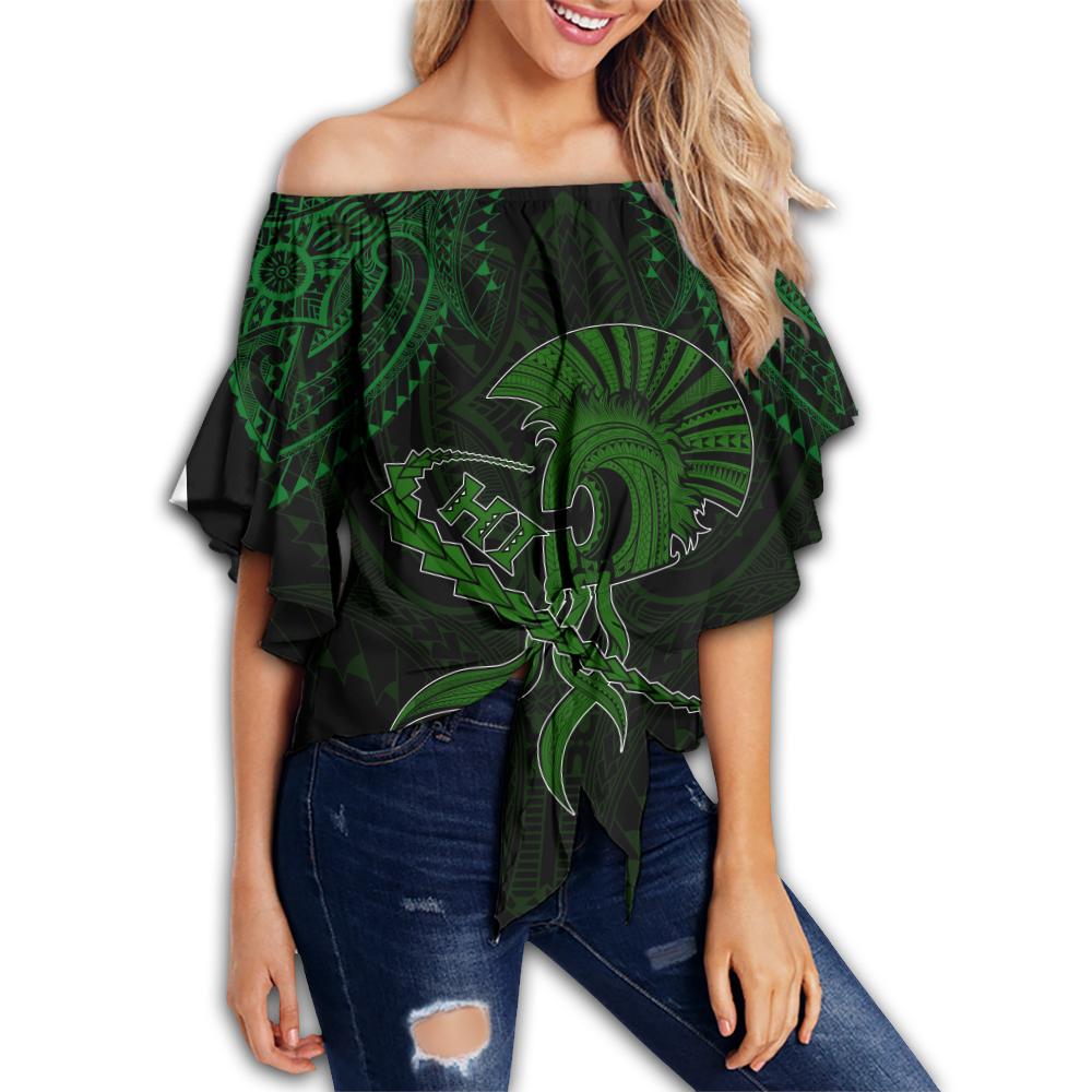 Hawaii Warrior Kanaka Polynesian Off Shoulder Waist Wrap Top - Rob Style - AH Female Green - Polynesian Pride