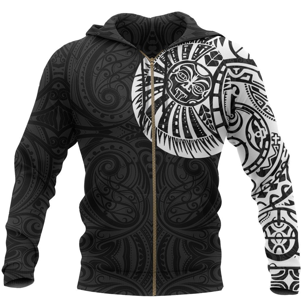 New Zealand Maori Zip Hoodie, Maori Warrior Tattoo Full Zip Hoodie White Unisex Black - Polynesian Pride
