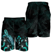 Kosrae Polynesian Men's Shorts - Turtle With Blooming Hibiscus Turquoise - Polynesian Pride