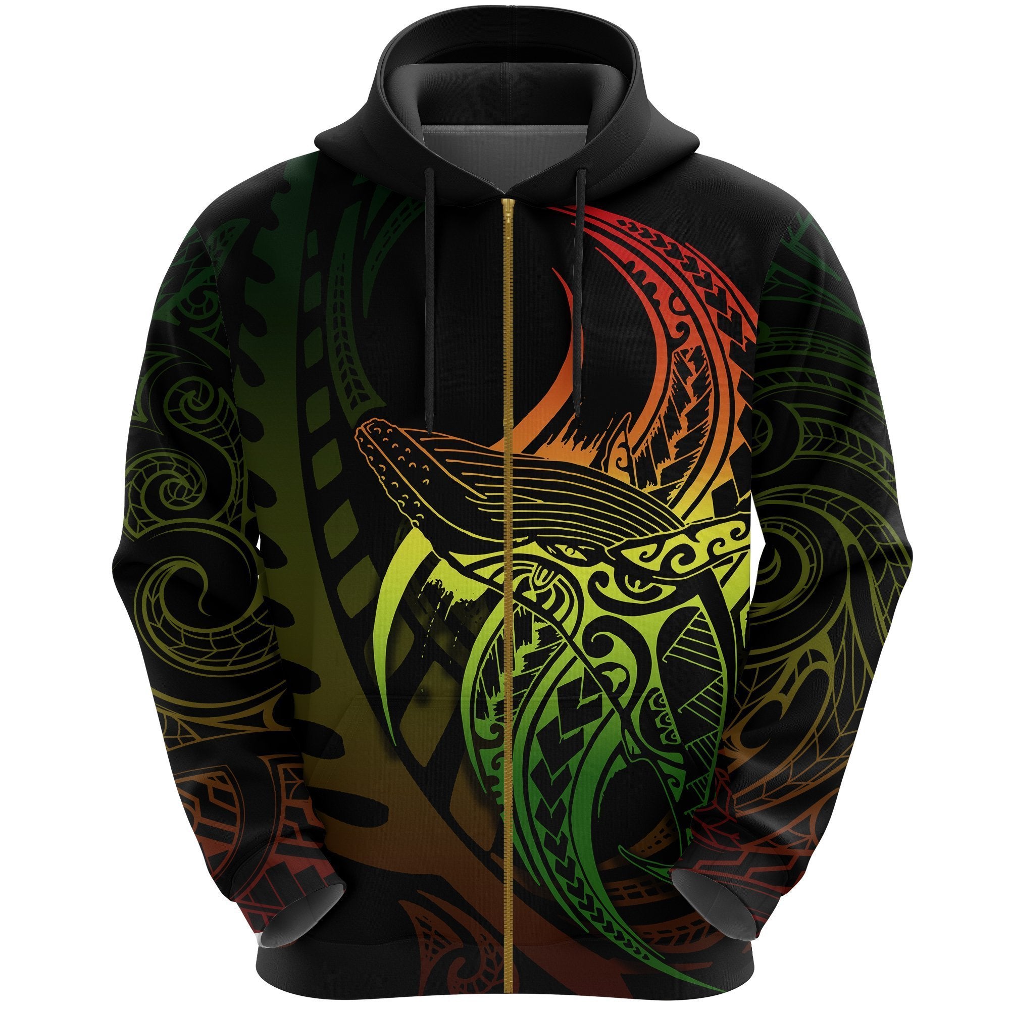 Maori Zip Hoodie Whale Tattoo, Humpback Whales New Zealand Pullover Hoodie Rasta Unisex Black - Polynesian Pride