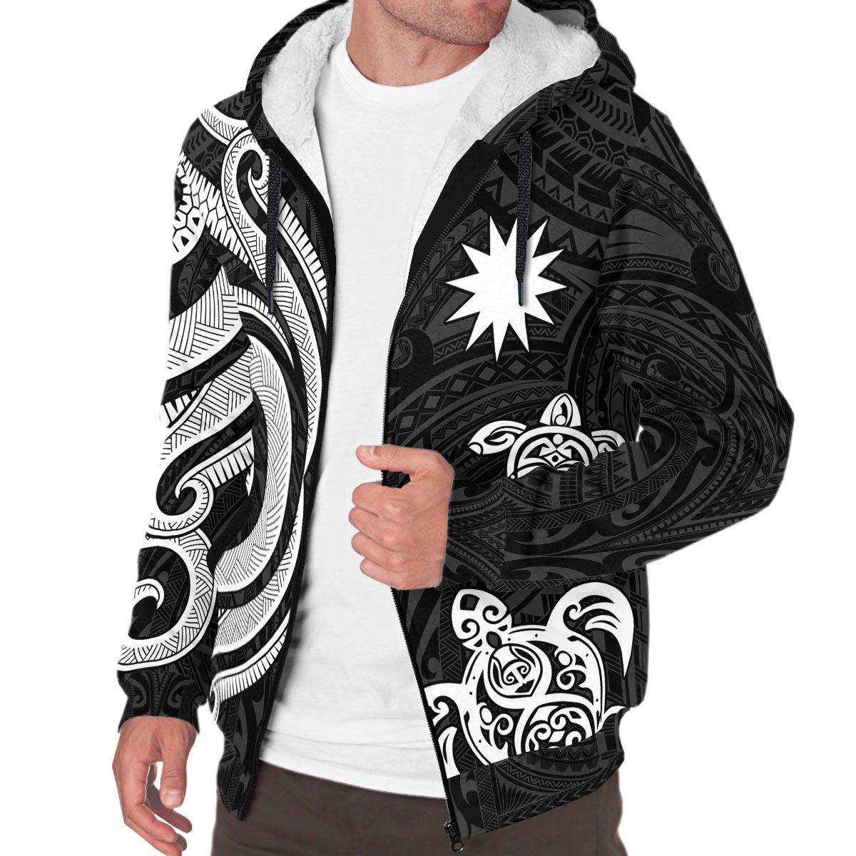 Nauru Sherpa Hoodie - White Tentacle Turtle Crest - Polynesian Pride