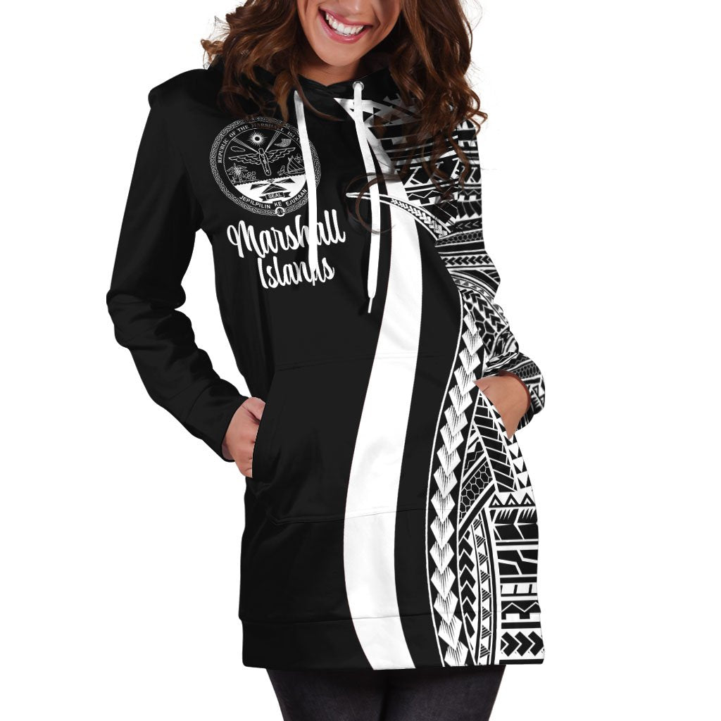 Marshall Islands Women's Hoodie Dress - White Polynesian Tentacle Tribal Pattern Crest - Polynesian Pride