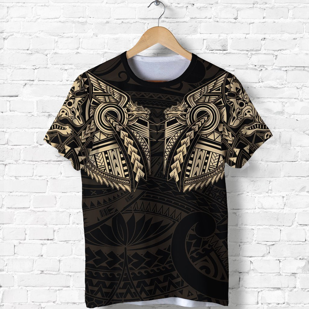 New Zealand Shirt, Maori Tattoo Wolf Dragon T Shirt Gold Unisex Black - Polynesian Pride