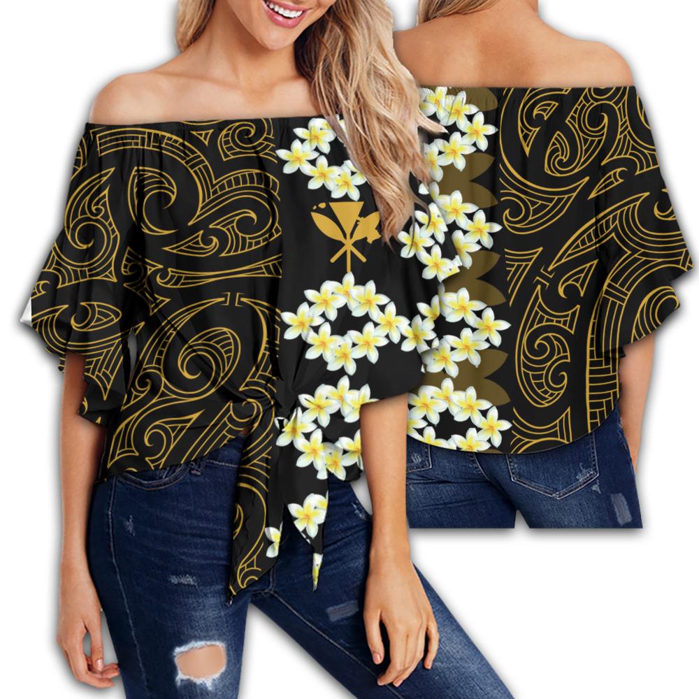 Hawaii Plumeria Polynesian Women's Off Shoulder Wrap Waist Top - Curtis Style - AH - Polynesian Pride