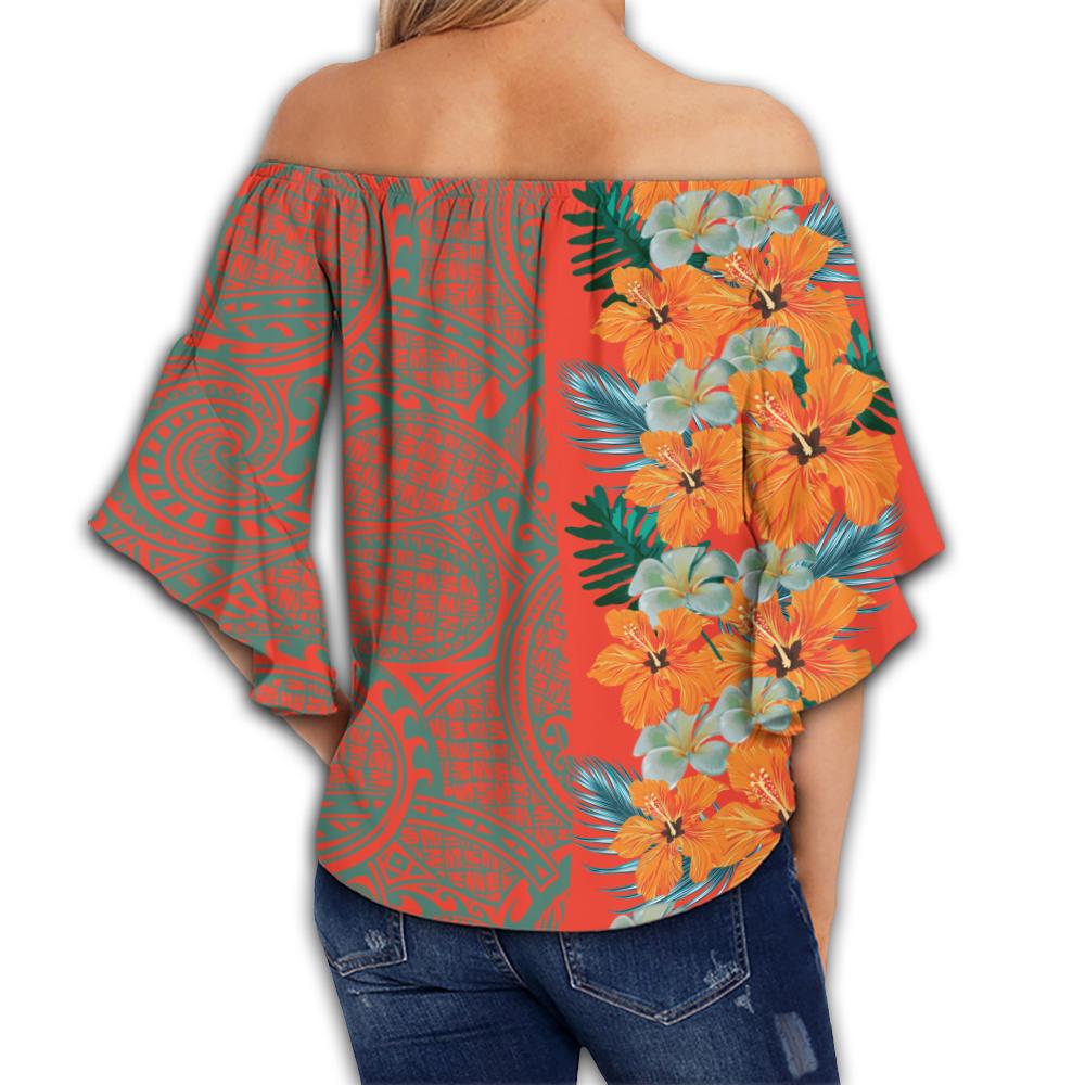 Hawaii Hibiscus Polynesian Women's Off Shoulder Wrap Waist Top - Haka Style - AH - Polynesian Pride