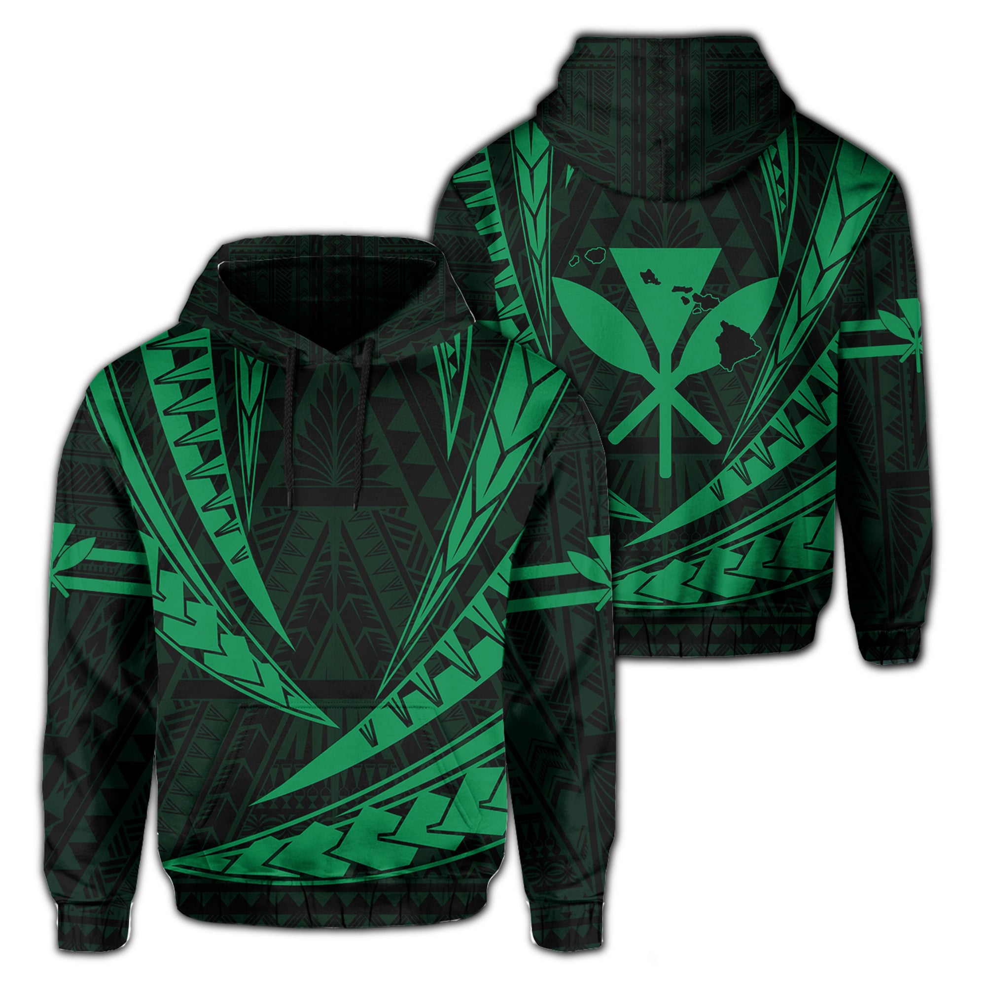 Polynesian Kakau Kanaka Maoli Map Hawaii Hoodie Green Unisex Green - Polynesian Pride