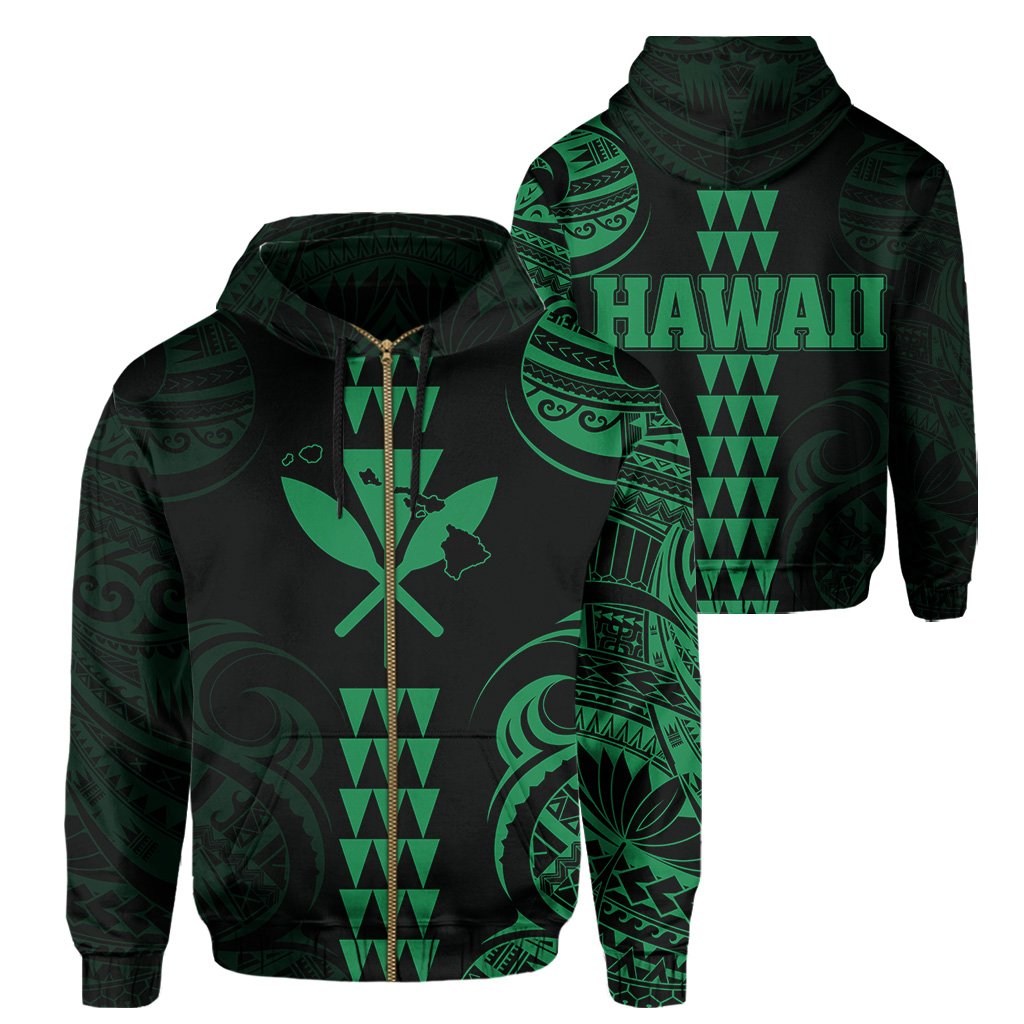 Kanaka Map Polynesian Kakau Hoodie (Zip up) Green Unisex Green - Polynesian Pride