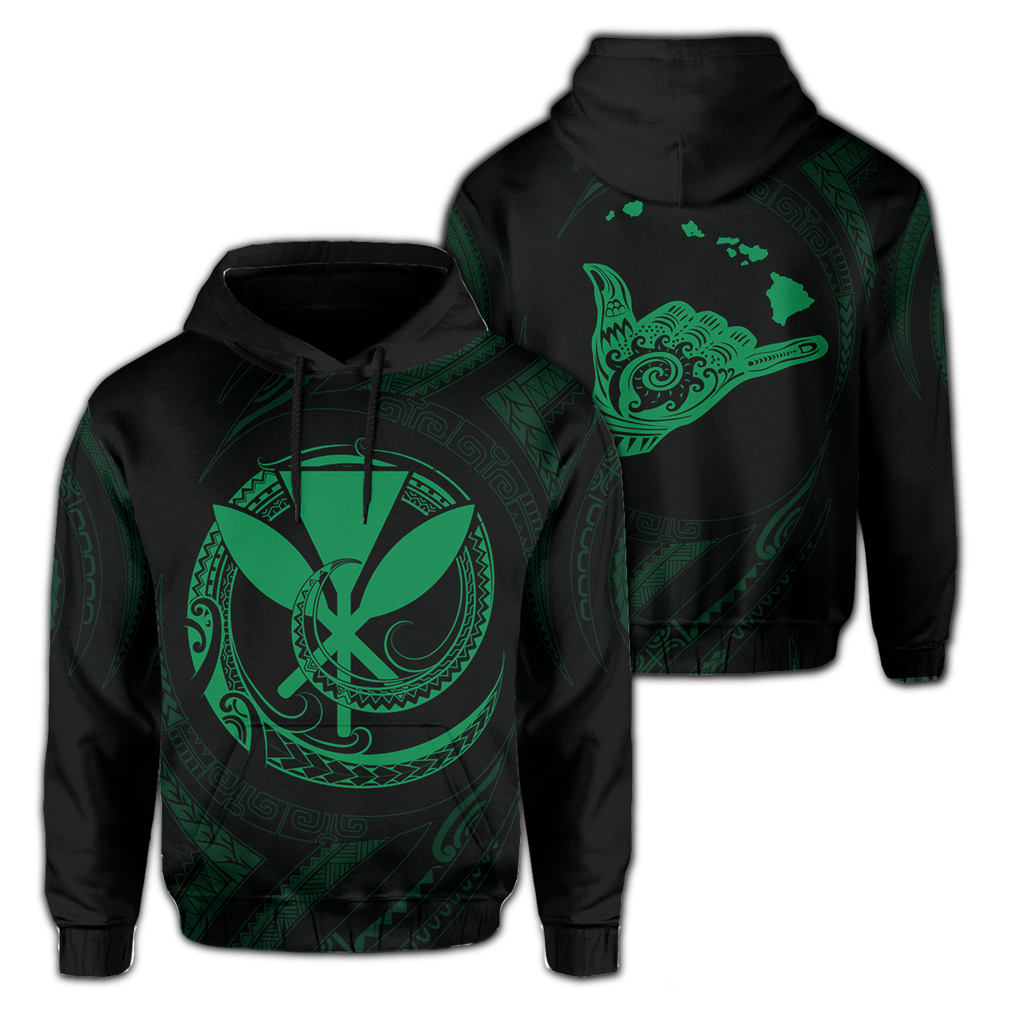 Polynesian Kanaka Shaka Map of Hawaii Hoodie Green Unisex Green - Polynesian Pride