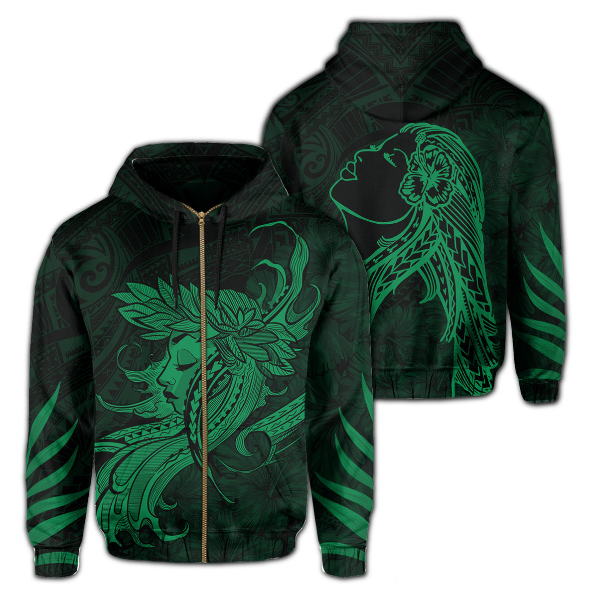 Polynesian Tropic Hula Girl Hibiscus Hawaii Zip Hoodie Green Unisex Green - Polynesian Pride