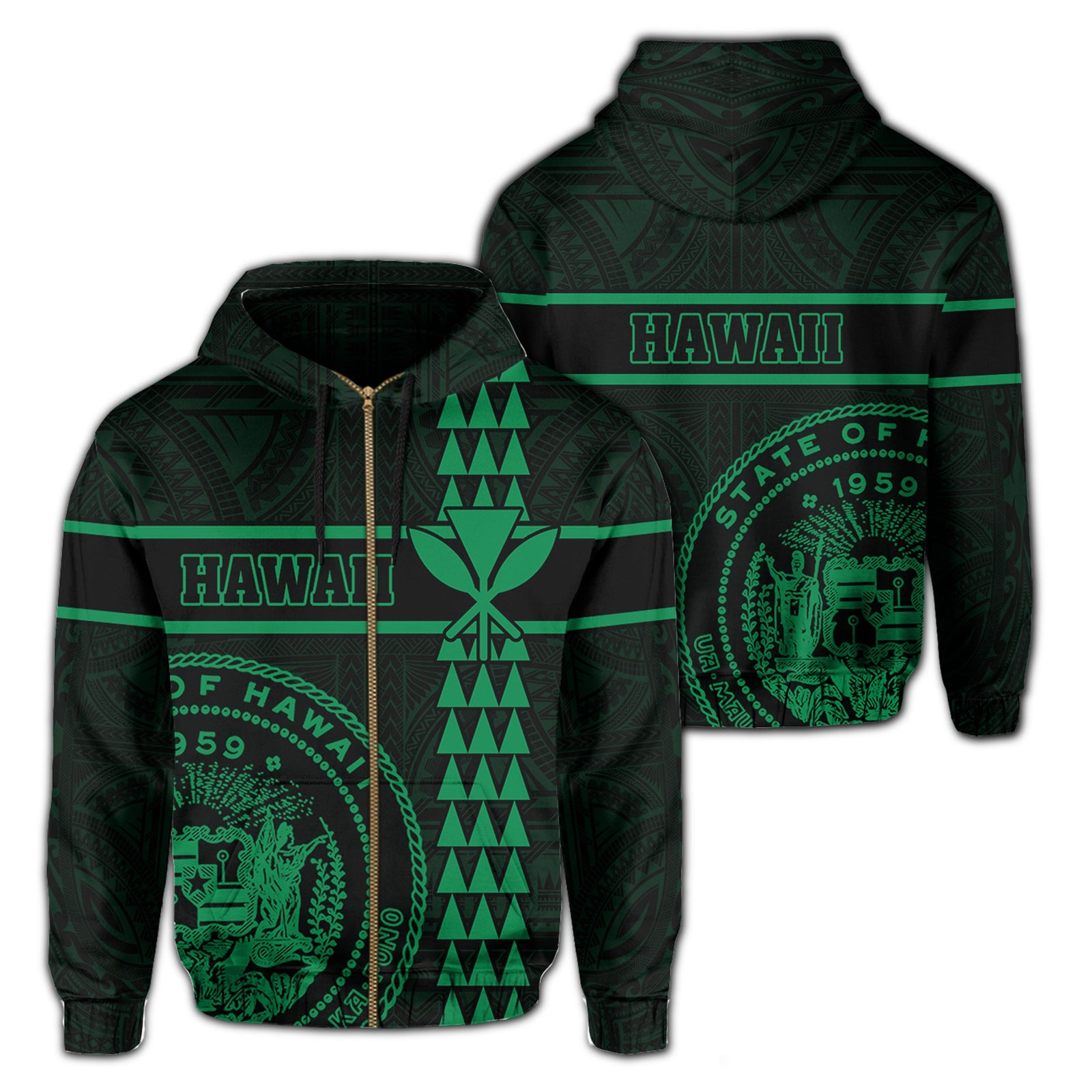 Polynesian Kakau Kanaka Seal of Hawaii Zip Hoodie Green Unisex Green - Polynesian Pride