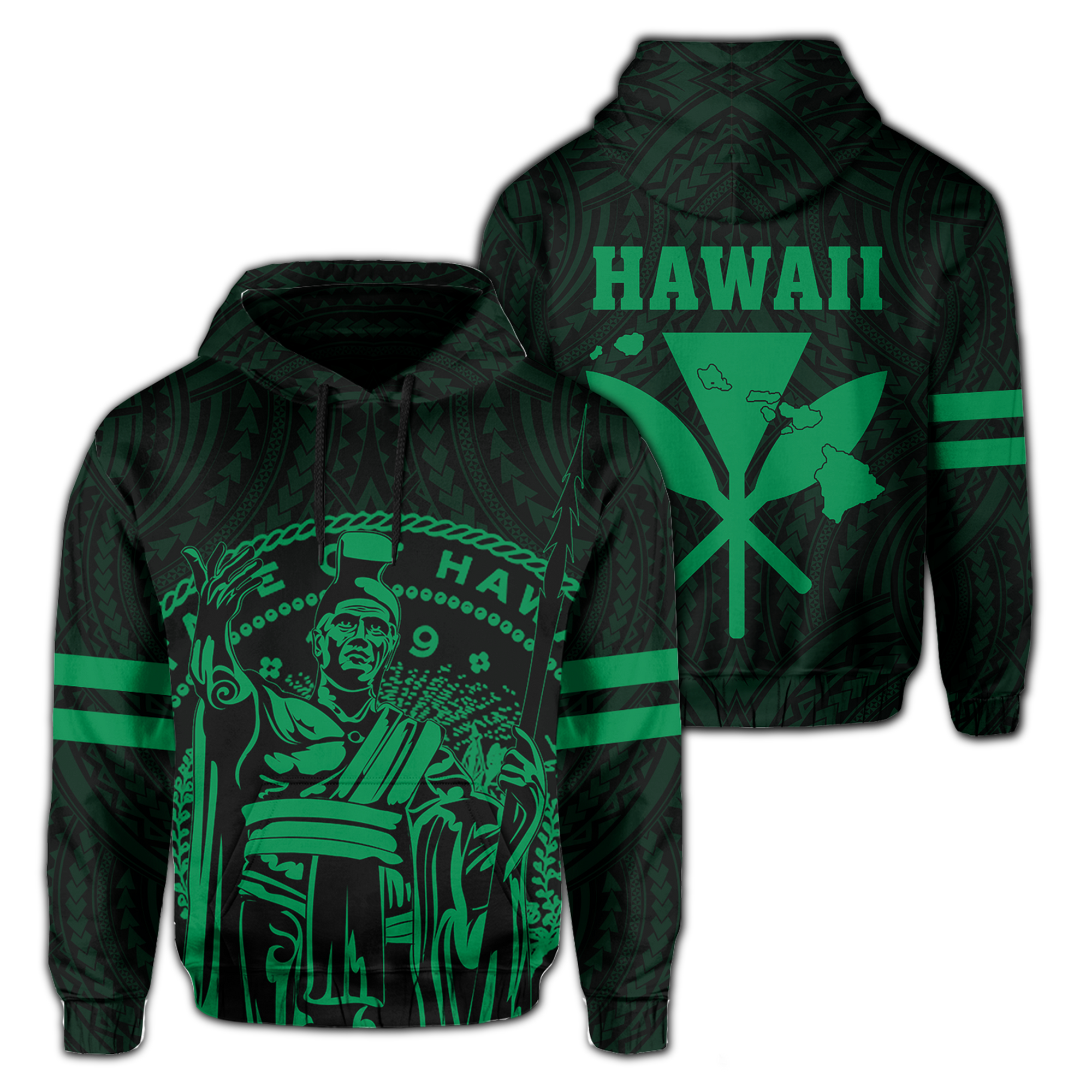 Polynesian King Kanaka Map Seal of Hawaii Hoodie Green Unisex Green - Polynesian Pride