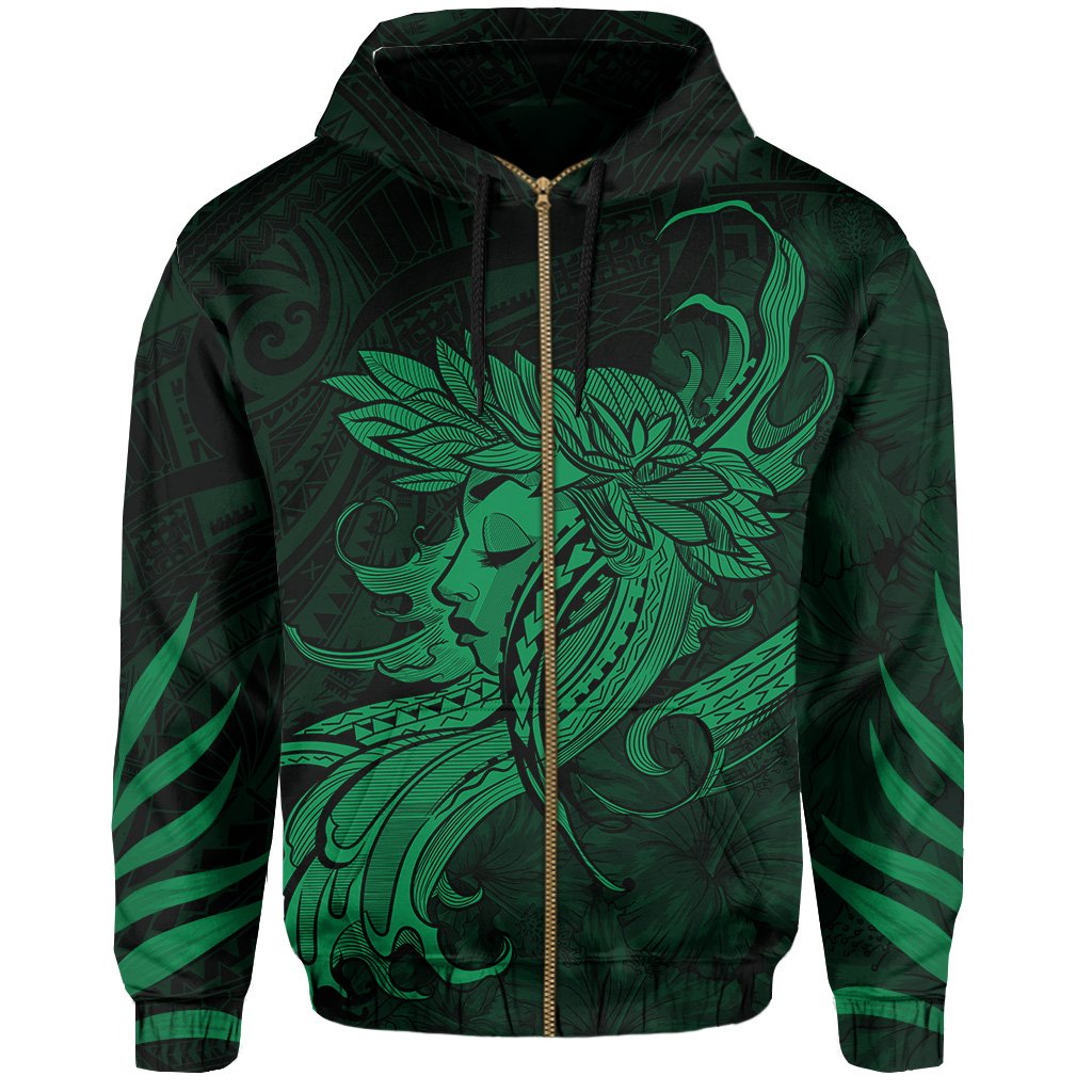 Polynesian Tropic Hula Girl Hibiscus Hawaii Zip Hoodie Green - Polynesian Pride
