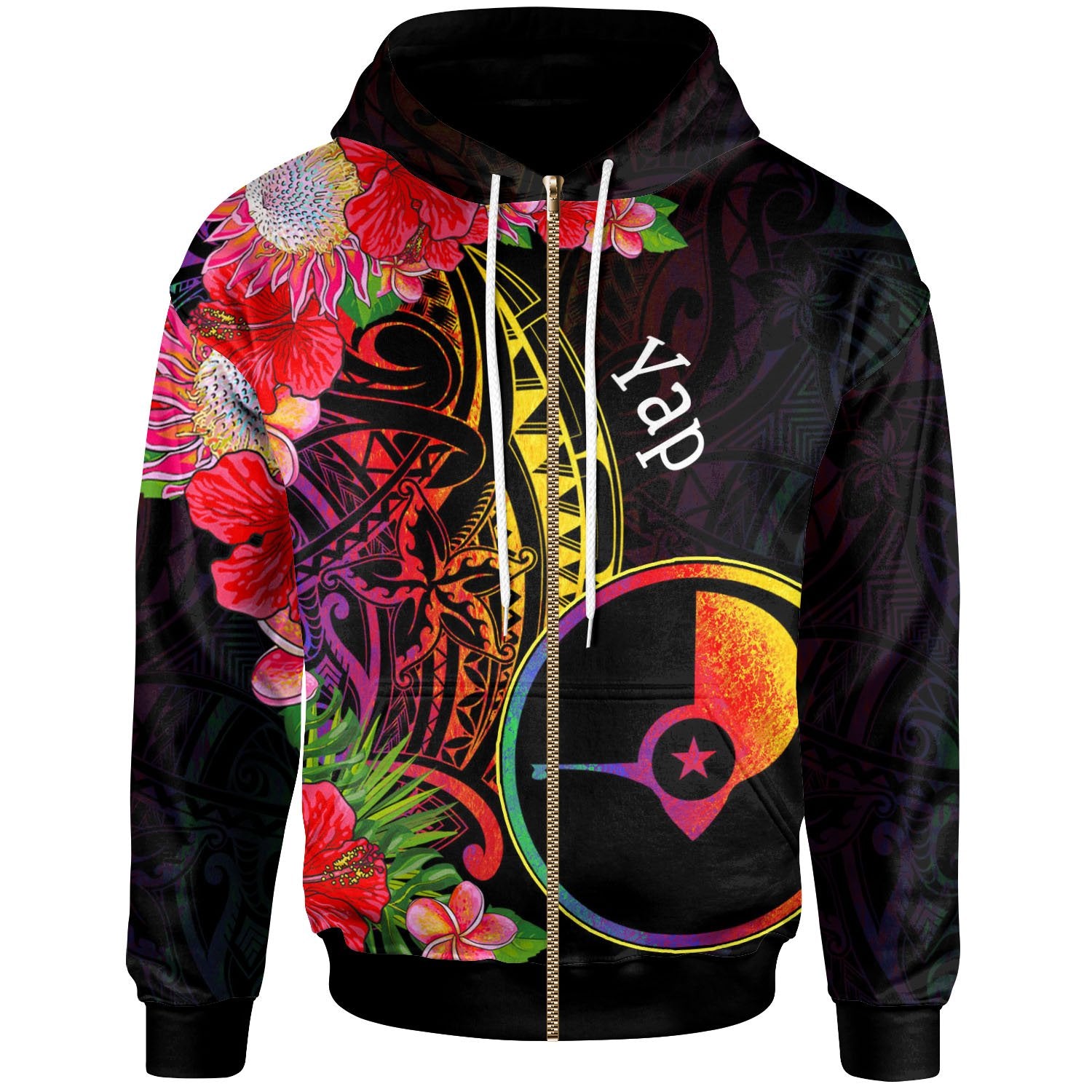 Yap State Zip Hoodie Tropical Hippie Style Unisex Black - Polynesian Pride