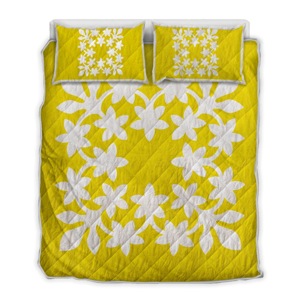 Hawaiian Royal Pattern Quilt Bed Set - Yellow - L3 Style - AH Yellow - Polynesian Pride