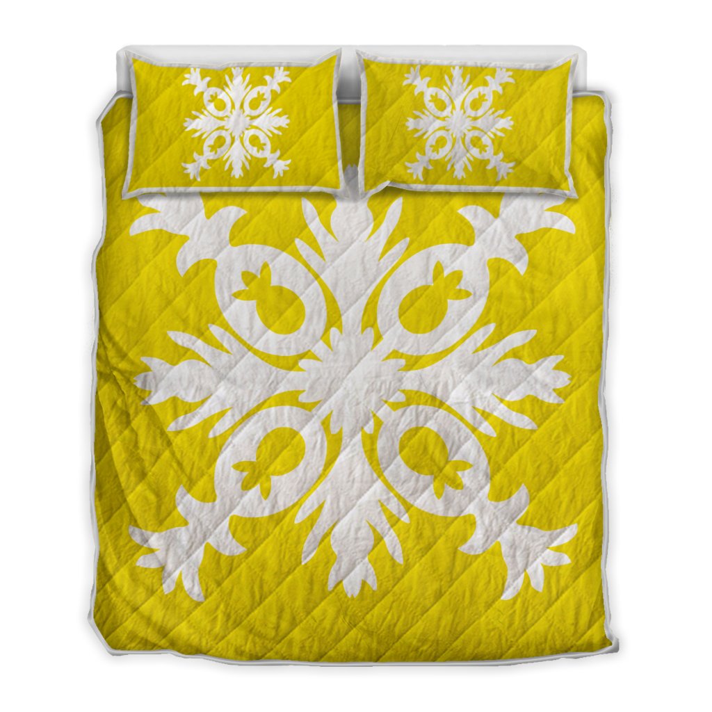 Hawaiian Royal Pattern Quilt Bed Set - Yellow - F2 Style - AH Yellow - Polynesian Pride