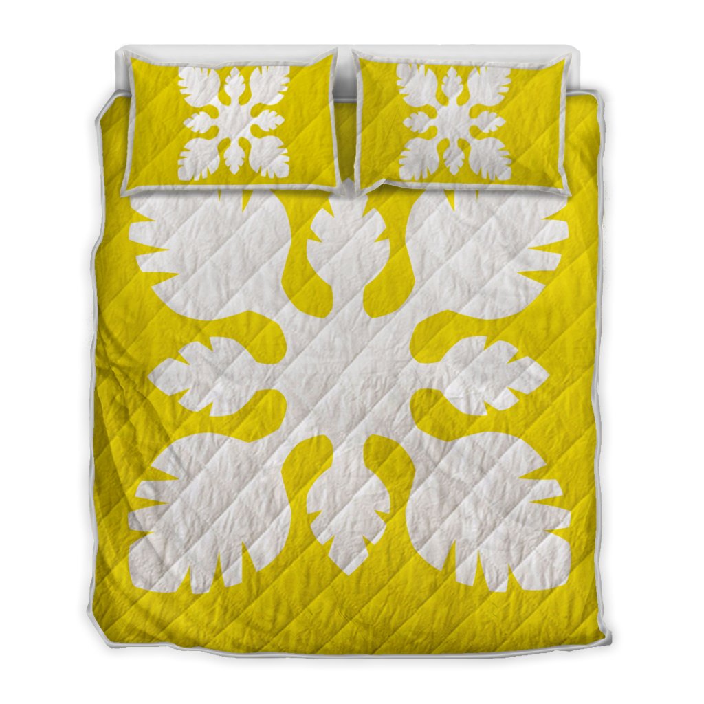 Hawaiian Royal Pattern Quilt Bed Set - Yellow - B1 Style - AH Yellow - Polynesian Pride