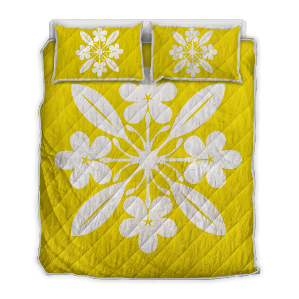 Hawaiian Royal Pattern Quilt Bed Set - Yellow - L1 Style - AH Yellow - Polynesian Pride